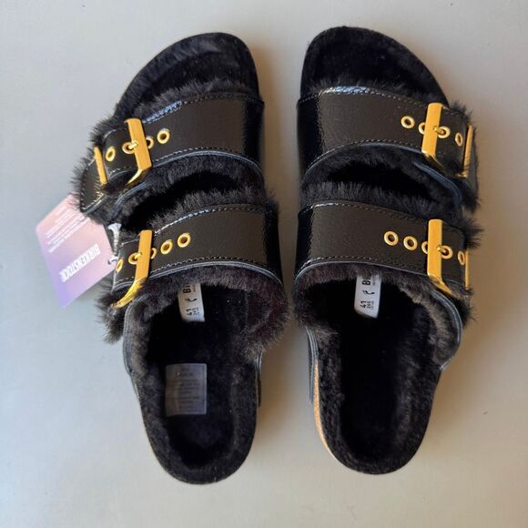 Birkenstock Arizona Shearling Eyelet Sandals Womens 41EU /10US Shiny Black Gold - Picture 5 of 13